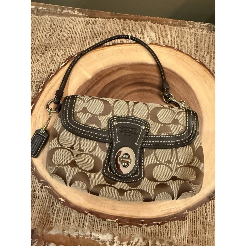 Coach Legacy Signature Brown Canvas‎ Leather Trim Flap Turnlock Wristlet New